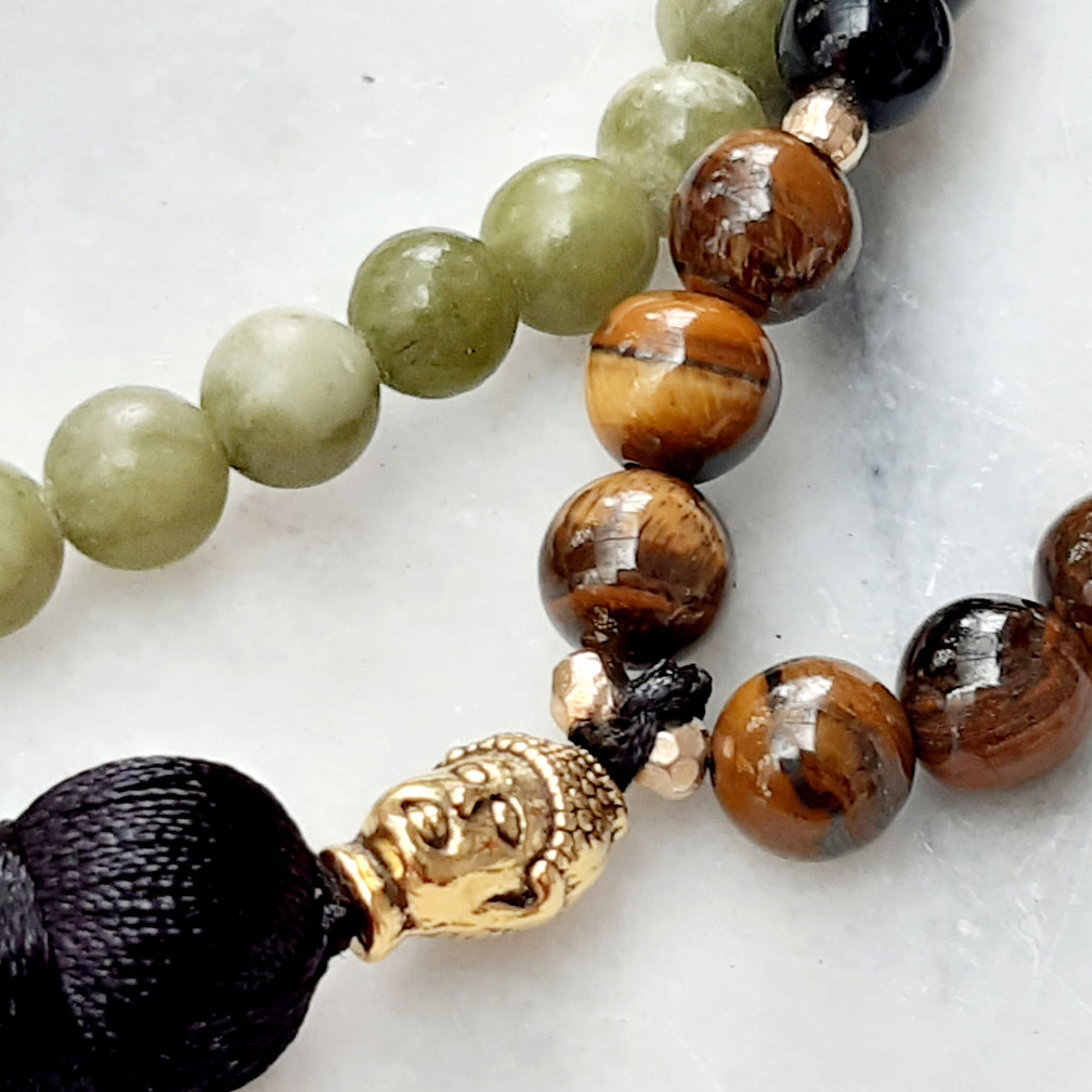Mala Kette *BLISSFULLY* | 108 Perlen | Grüne Jade | schwarzer Onyx | Tigerauge