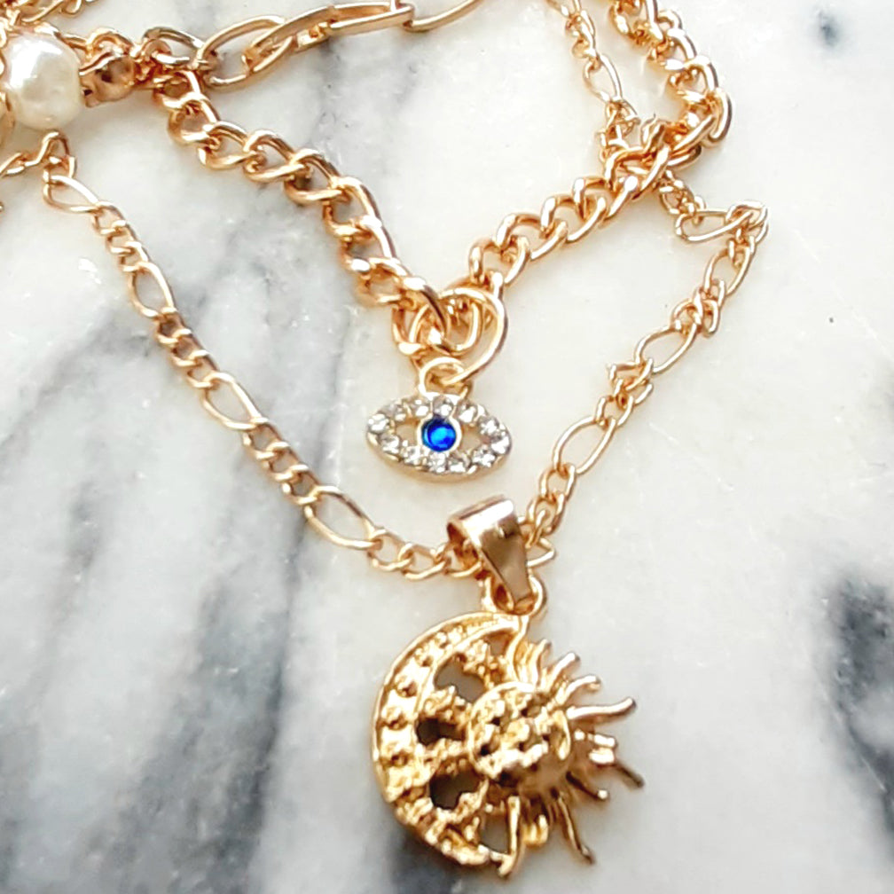 Kette Sonne, Mond & Sterne | 4-lagig | Schutz