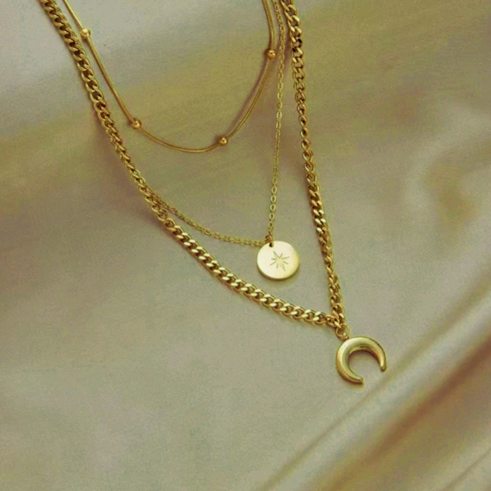 Kette MOND & STERNE | gelbgold | Edelstahl vergoldet | 3-lagig