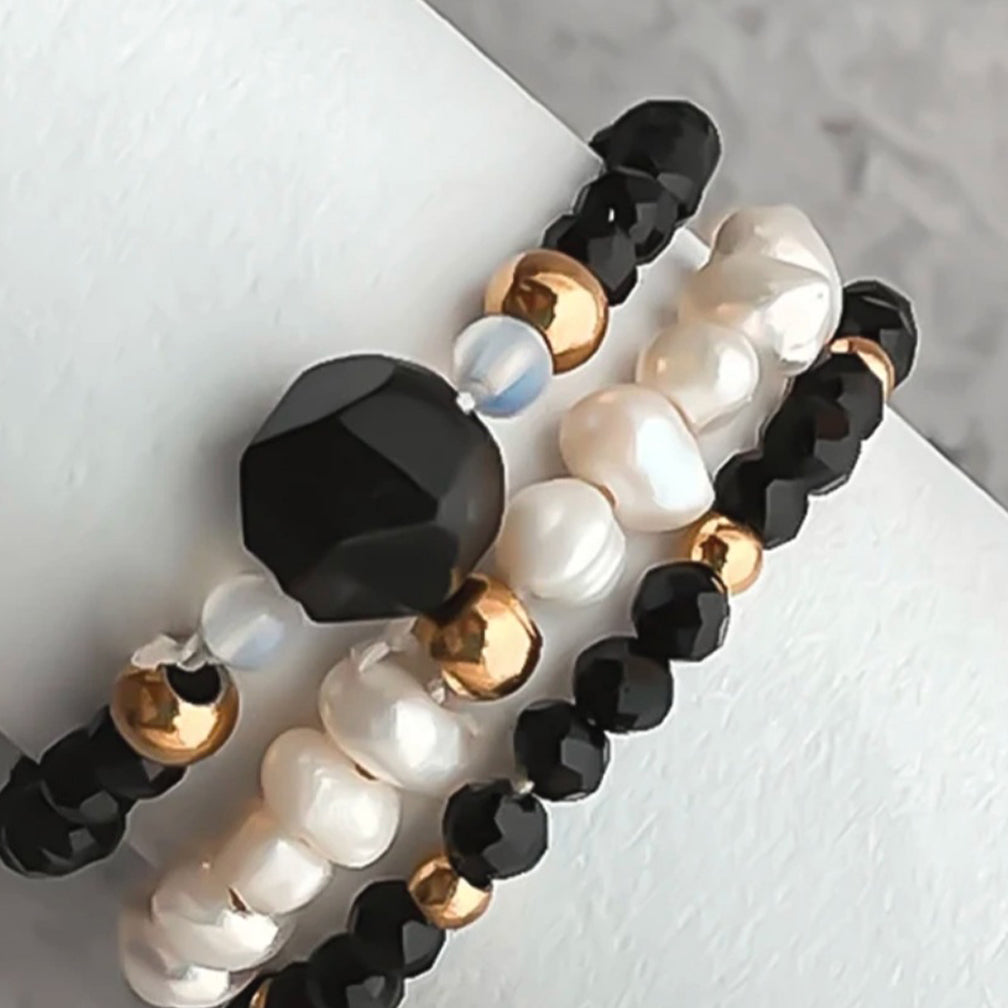 Ring Set | 3 Stück | schwarzer Obsidian | weiße Süßwasser-Perlen