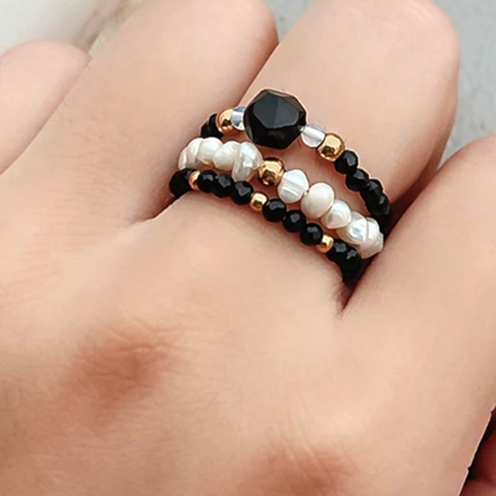 Ring Set | 3 Stück | schwarzer Obsidian | weiße Süßwasser-Perlen