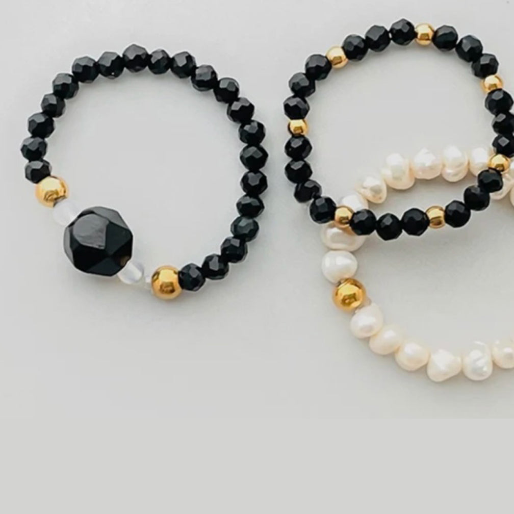 Ring Set | 3 Stück | schwarzer Obsidian | weiße Süßwasser-Perlen
